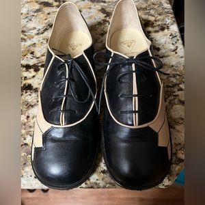 John Fluevog Black and Tan leather lace-up shoes, EUC; ladies size 9-10